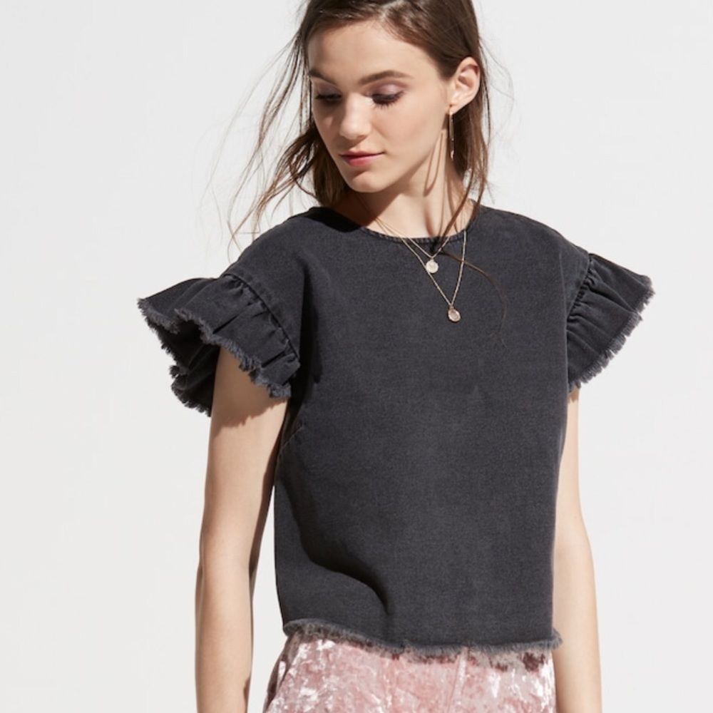 K/lab denim ruffle sleeve top